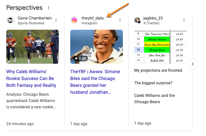 SERP with Instagram in Perspectives Feature