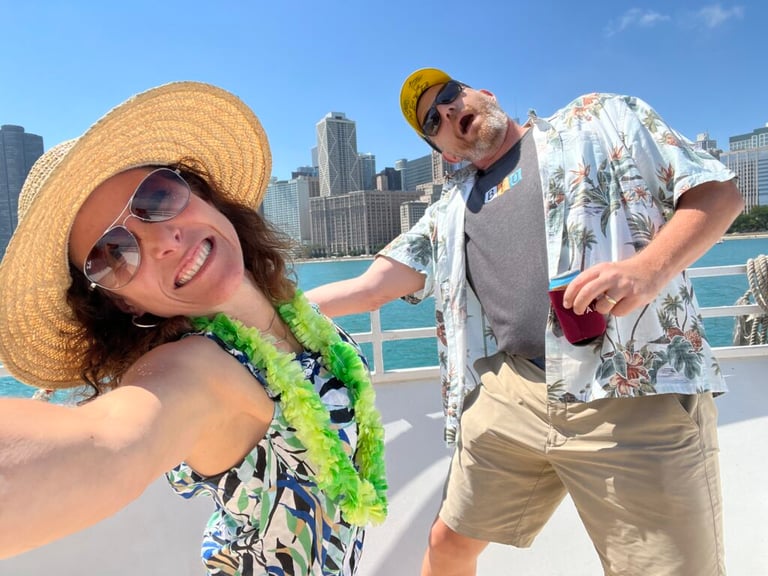 Beefers Steve Krull and Melissa Attard catch a fun selfie on the Island Party Boat on Lake Michigan in Chicago