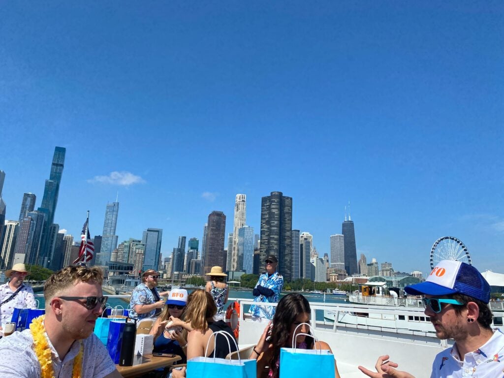 The BFO team catches up against the beautiful Chicago skyline on Lake Michigan