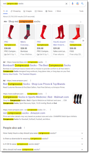 Image: Google search results for short-tail keyword “red compression socks”