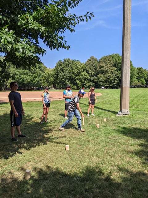 The BFO team plays a round of Kubb in Oz Park, Chicago