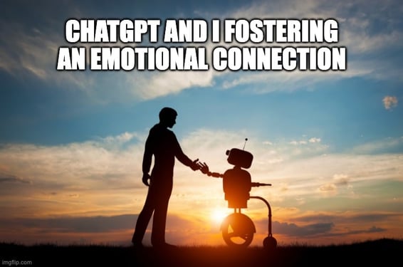 image: the author of the interview and a robot bonding emotionally in front of the sunset