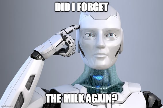 Image: a sentient robot that has, yet again, forgotten the milk at the grocery store. His spouse will be angry.