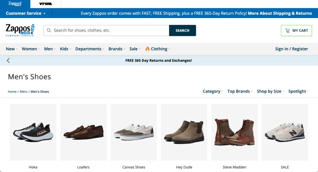 zappos.com general mens category - user intent