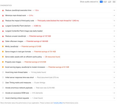 Example of Google PageSpeed Insights Diagnostics