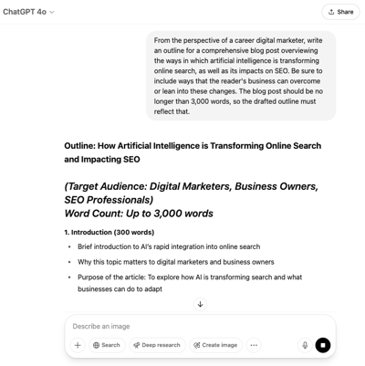 Example of using AI to draft blog outlines