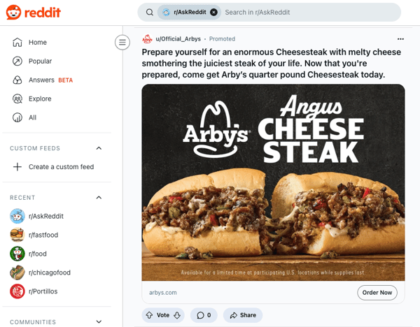 example of a promoted post on reddit - arby's