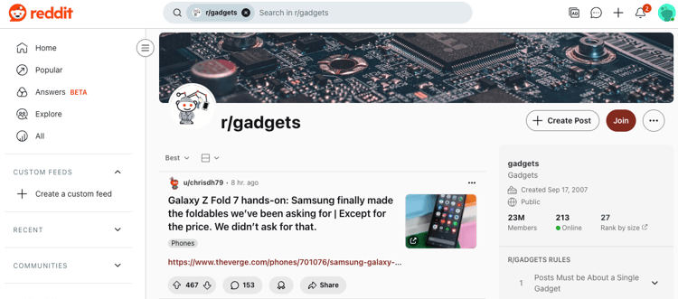 example of reddit's subreddit r/gadgets