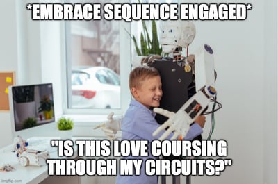 embracing ai meme with kid and robot